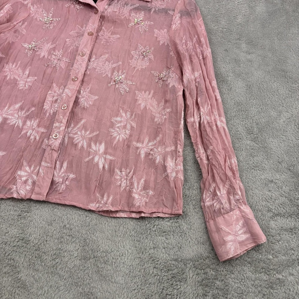 VTG 90s Y2K Sheer Floral Embroidered Beaded Button Up Top Womens S Pink Fairy - Picture 5 of 16